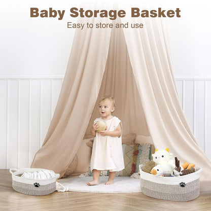 Optish Dog Toy Basket - Large Woven Rope Storage Bin for Dogs & Cats | 19.7" x 11" x 7.9" - White & Brown