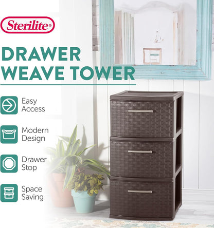 Sterilite 3 Drawer Storage Tower - Decorative Weave Organizer for Dorm, Closet & Bedroom - Espresso Finish