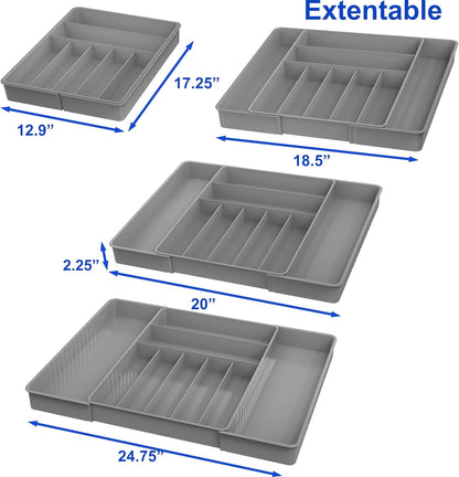 Simple Houseware Flatware Organizer - Adjustable Gray Cutlery Tray with 9 Compartments for Utensils