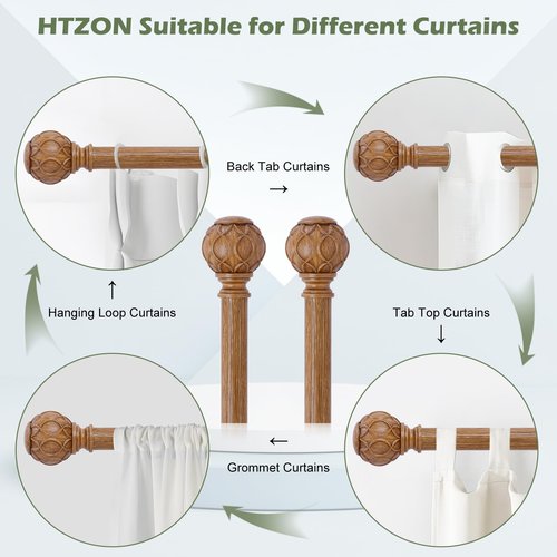 HTZON 2 Pack Wood Curtain Rods 48 to 84 Inch,1 Inch Adjustable Curtain Rod,Netted Texture Window Curtains Rods,Farmhouse Rustic Heavy Duty Curtain Rods,Brown Wood Grain Decorative Drapery Rods 36-88"