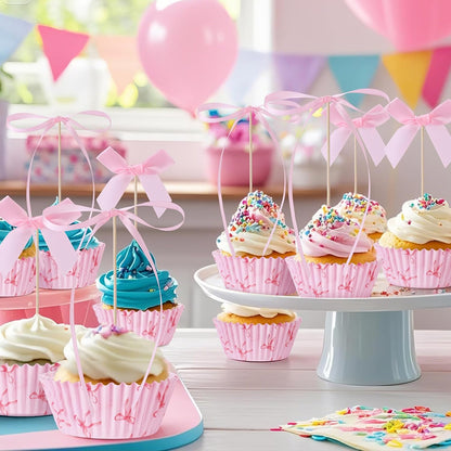 Regine Switzerland Pink Bow Cupcake Liners Set - 50 Cupcake Liners & 31 Bowknot Ribbons | Perfect for Parties & Celebrations