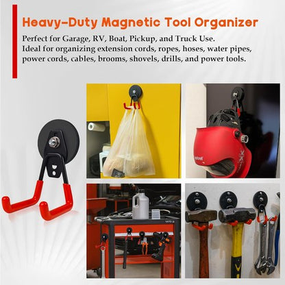 EDSRDUX Heavy Duty Magnetic Hooks - Strong Anti-Slip Rubber Coated Utility Hooks for Garage & Workshop (Medium - 2 Pack)
