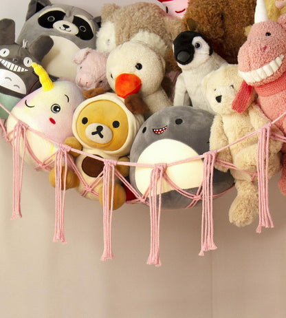 Skiennix Stuffed Animal Storage Hammock - Pink Corner Net for Cute Toy Organization | Boho Decor