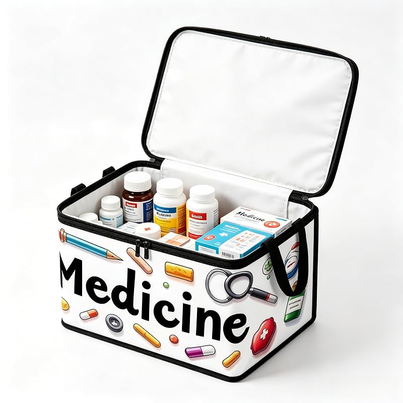 Medicine Print Storage Bin with Lid and Handles, 25x35cm - White, for Pills & Small First Aid Supplies