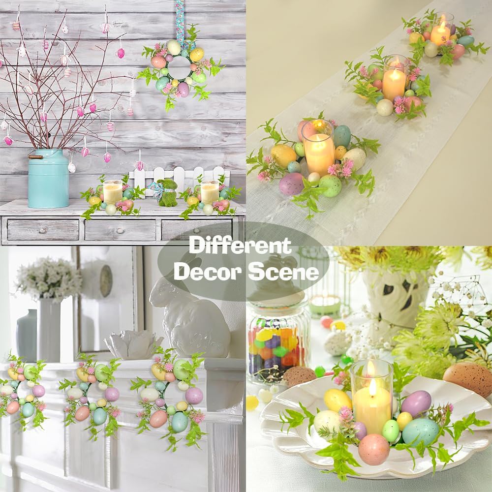 Skiennix Easter Egg Candle Rings - 3-Piece Mini Wreath Set for Spring Home Decor | 9" Pastel Centerpieces