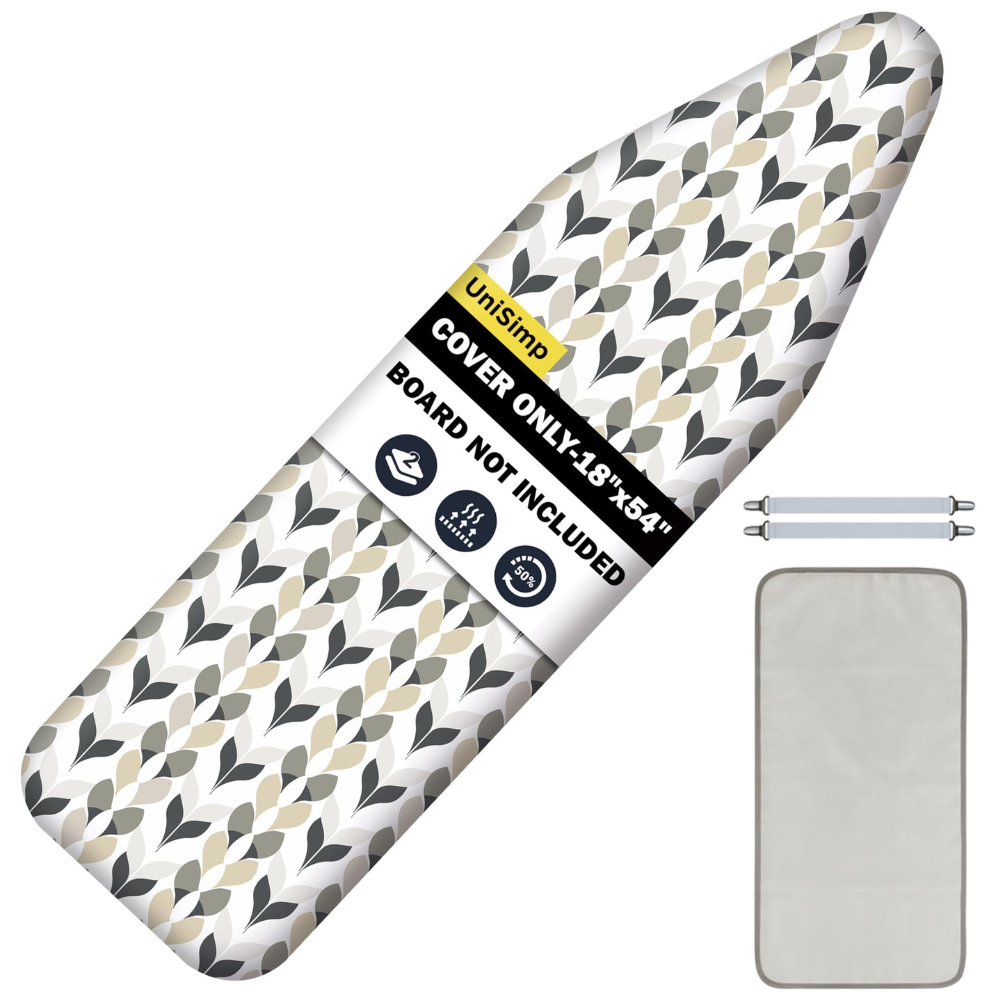 UniSimp Ironing Board Cover and Pad 18"x54" Extra Thick Natural Cotton, Scorch & Stain Resistant Iron Board Cover, Extra Large Iron Board Cover with Fasteners Heavy Duty Heatproof Elastic Edge Foliage