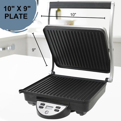 OVENTE Electric Panini Press Sandwich Maker, 1500W Indoor Grill with Nonstick Coated Plates, Digital Temperature and Timer Display, Removable Drip Tray, Perfect for 4-Slice Sandwiches, Silver GP1000BR