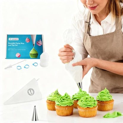 GleeAnt Reusable Cotton Piping Bags Set | 6-Piece Large Icing Tips & 16-Inch Pastry Bags for Cake Decorating