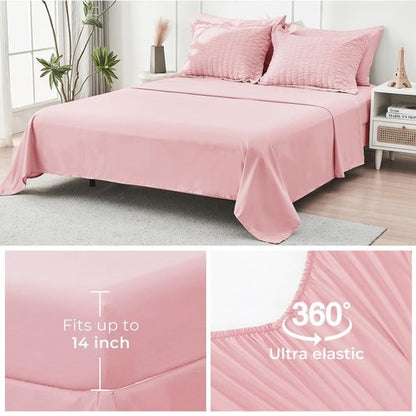 HYMOKEGE Pink King Size Comforter Set Seersucker 7 Pieces, All Season Luxury Bed in a Bag for Bedroom, Bedding Set with Comforters, Sheets, Pillowcases & Shams
