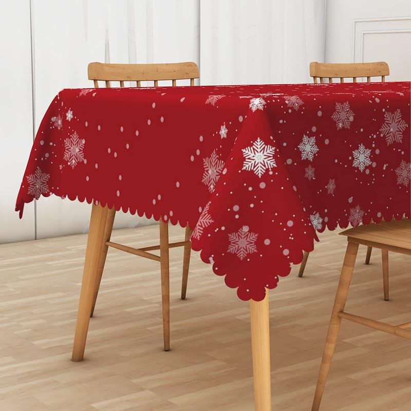 Rectangular 70x180 Inch Christmas Tablecloth - White Snowflakes Dots Red Pattern, 100% Polyester
