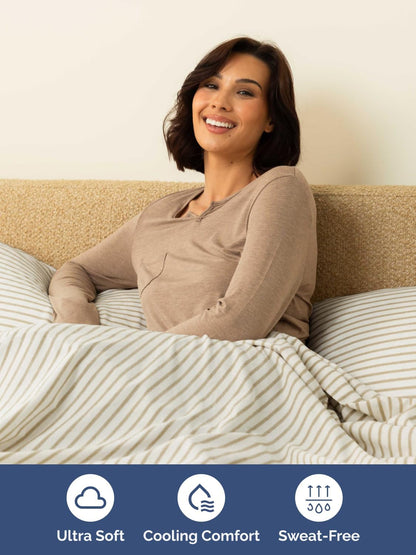 Skiennix Extra Deep Split King Sheet Set - 7 Piece Cooling Bedding - Soft, Wrinkle-Free, Beige Stripes