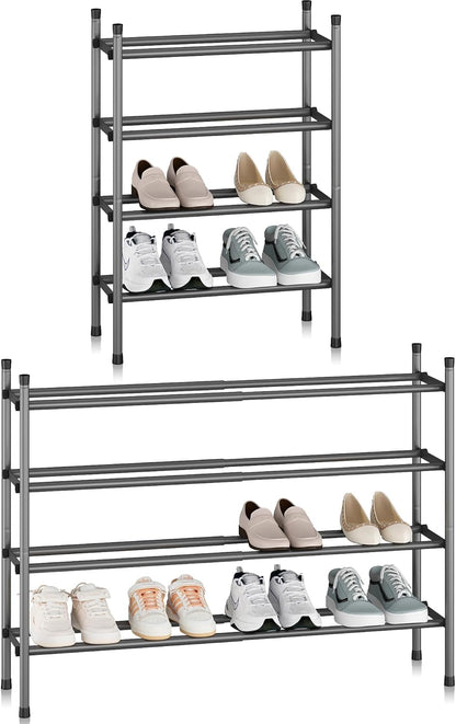Storage Maniac Expandable Shoe Rack - Adjustable 4-Tier Organizer for 16 Pairs | Black Metal Design