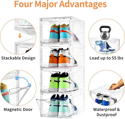 Skiennix Large Clear Shoe Boxes - Stackable Shoe Storage Organizer with Lids | Fits Up to US Size 13