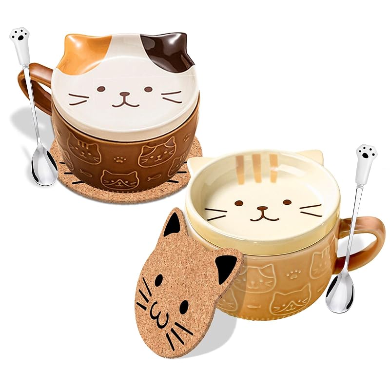 2Pcs Cute Cat Mug with Lid - 10oz Ceramic Tea Cups Set (Brown + Yellow)