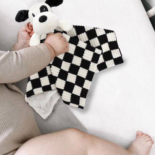 BEILIMU Baby Security Blanket for Boys Girls, High Contrast Super Soft 3D Checkerboard Gingham with Minky Dot Fabric Backing Snuggle Stuffed Animal Blankie Puppy Lovely Black 14 Inch
