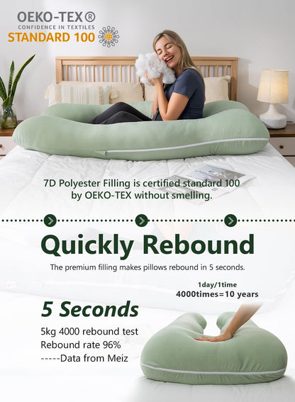 Meiz U-Shaped Pregnancy Pillow - Cooling Maternity Body Pillow for Comfort | 55 Inch Sage Green Rayon Cover