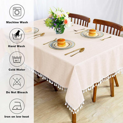Champagne Checkered Cotton Tablecloth 55x55in with Tassels - Wrinkle-Resistant Linen Overlay