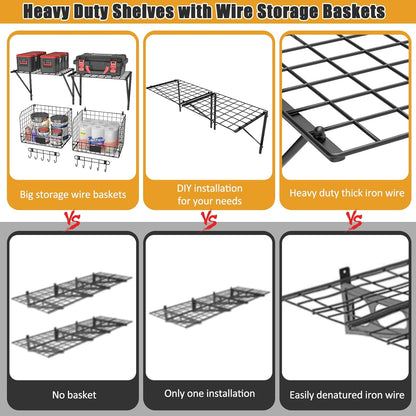 ThreeHio Garage Shelves - Heavy Duty Wall Mounted Storage with Wire Baskets & Hooks | 2 Pack