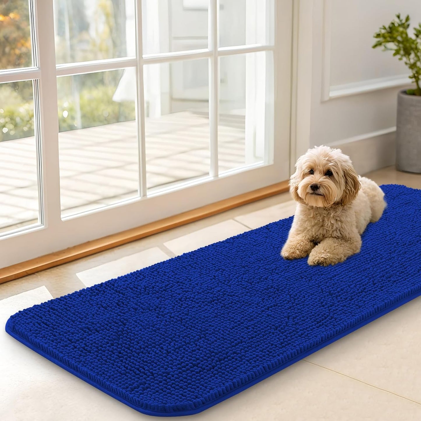 OLANLY Dog Door Mat - Absorbent Non-Slip Mud Mat for Dogs | Quick Dry Chenille 47x17, Royal Blue