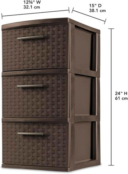 Sterilite 3 Drawer Storage Tower - Decorative Weave Organizer for Dorm, Closet & Bedroom - Espresso Finish