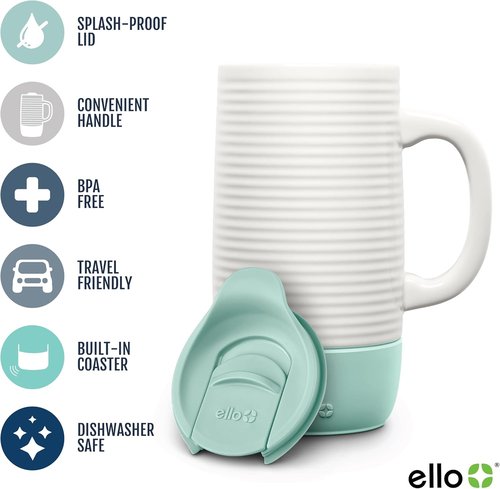 Ello Jane 18oz Ceramic Travel Mug - Splash-Resistant Lid & Built-in Coaster | BPA Free, Dishwasher Safe, Yucca