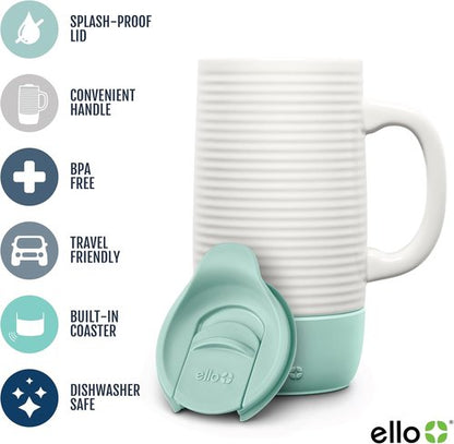 Ello Jane 18oz Ceramic Travel Mug - Splash-Resistant Lid & Built-in Coaster | BPA Free, Dishwasher Safe, Yucca