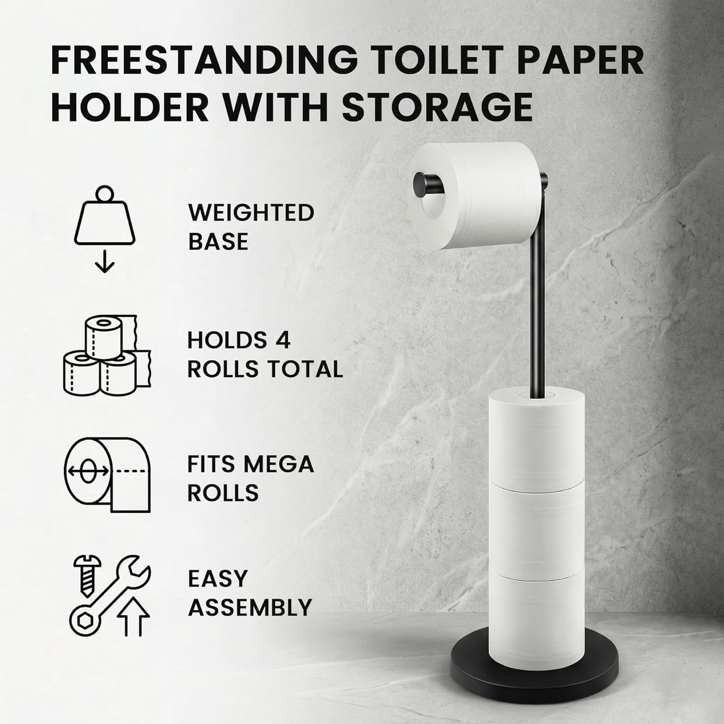 Cesun Toilet Paper Holder - Free Standing Black Stainless Steel Design with Heavy Weighted Base | Non-Slip
