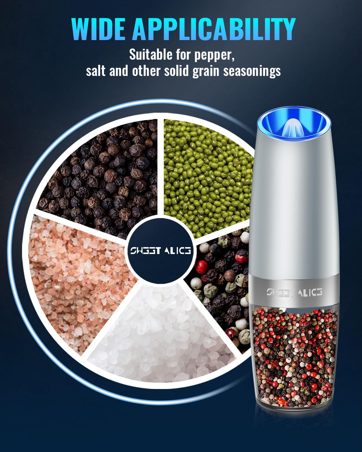 Gravity Electric Pepper and Salt Grinder Set, Adjustable Coarseness, Battery Powered with LED Light, One Hand Automatic Operation, Light Grey, 2 Pack