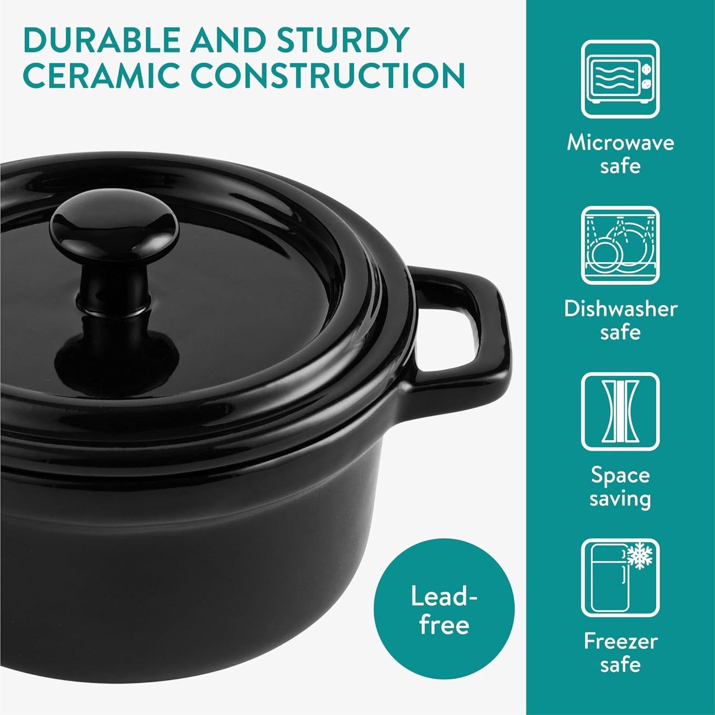 Navaris Mini Dutch Oven Casserole Dish Set - Oven-Proof with Lid - Easy Clean - 4 x 8 oz (237 ml) - Black
