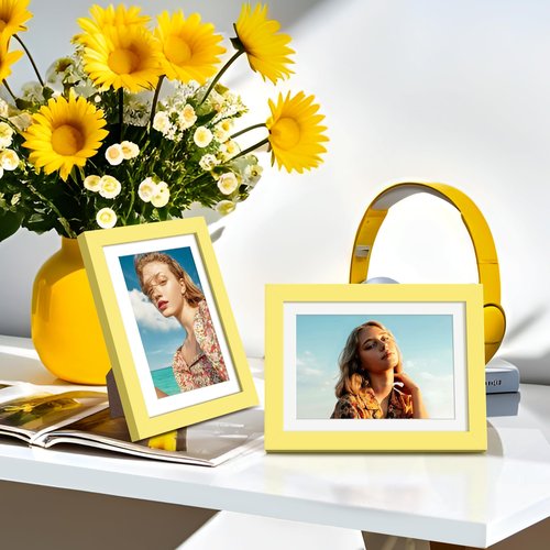 upsimples 5x7 Picture Frame, Display Pictures 4x6 with Mat or 5 x 7 Without, Wall Hanging Photo Frames, Yellow, 1 Pack