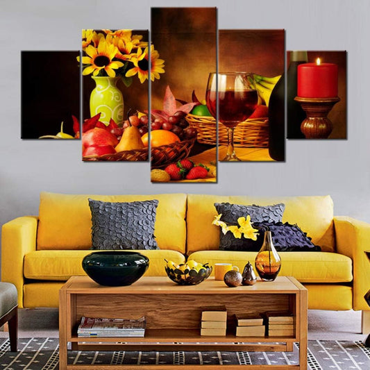 Red Wine Canvas Art | 5 Panel Colorful Fruit & Wine Wall Decor | Framed Gallery-Wrapped (60''Wx32''H)