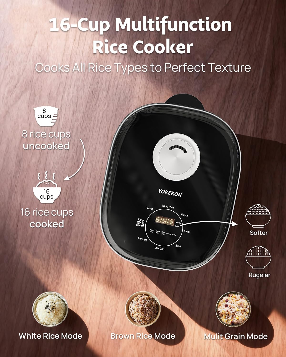 YOKEKON Rice Cooker - 8-Cup Stainless Steel Inner Pot | PFAS-Free, Dishwasher Safe, Auto Keep Warm, Black