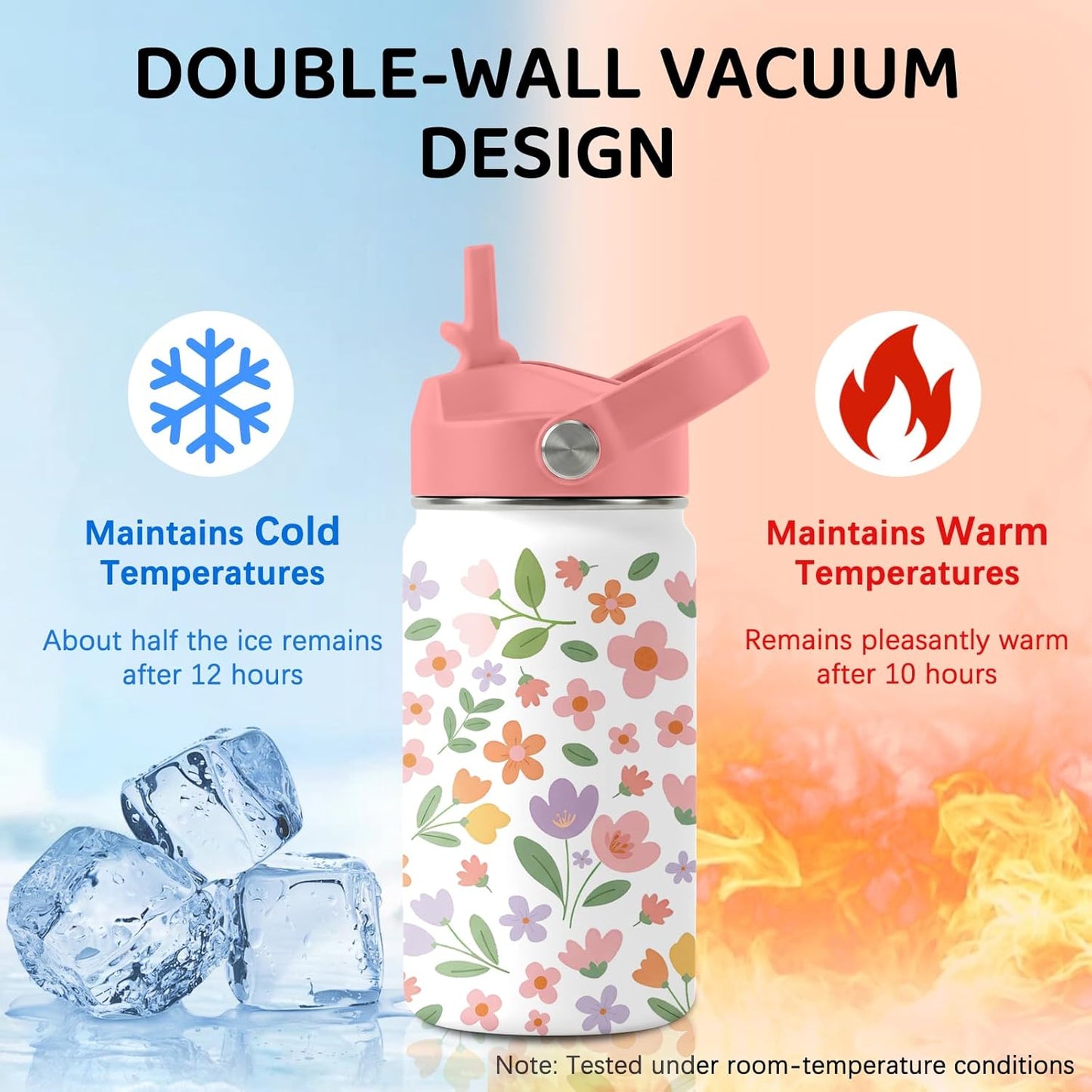 Skiennix Stainless Steel Insulated Water Bottle - 12oz Flower Design Tumbler with Straw Lid & Handle