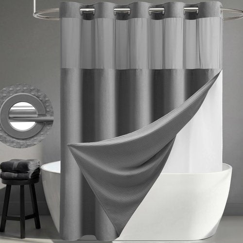 Dynamene Grey Hook Free Shower Curtain & Snap in Fabric Liner with Magnets, Waffle Weave Shower Curtains for Bathroom, Mesh Top Window, Less Time 3 in 1 Shower Curtain and Liner Set, 72" W x 75" L