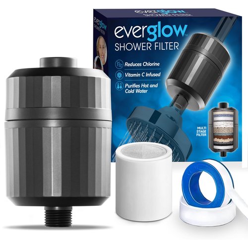 EVERGLOW High-Output Shower Filter, 100% Removes Chlorine, Moisturizes Dry Itchy Skin, Skin and Hair, Helps with Dandruff, Eczema and Vitamin C Infused and Water Softener, 4.7” - Black