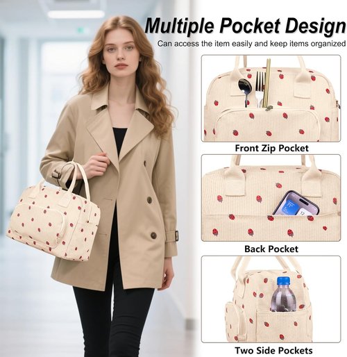 FITDON Insulated Lunch Bag - Leakproof Corduroy Cooler Tote for Work & Picnic | Large Beige Strawberry