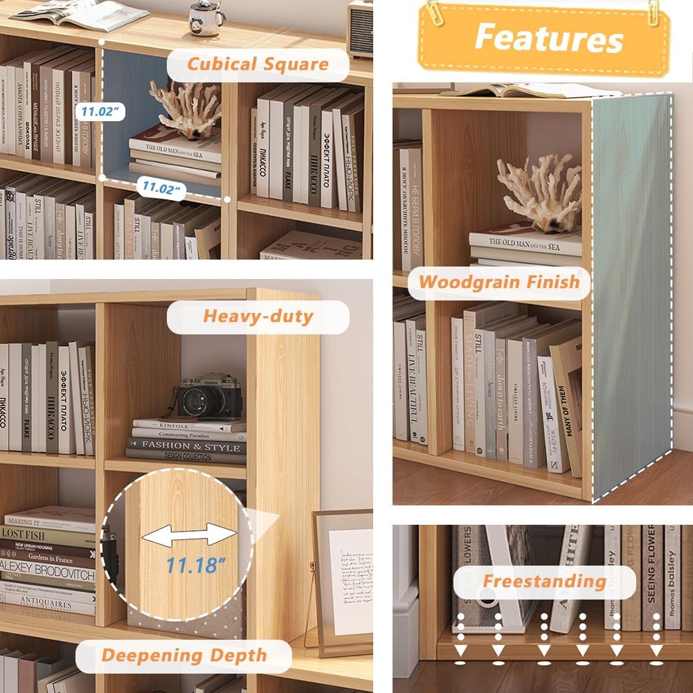 NELYE 6 Cube Organizer Bookcase - Stylish Oak Storage Solution with Fabric Bins for Books & Decor