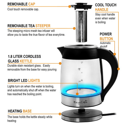 MegaChef 1.8Lt. Glass Body and Stainless Steel Electric Tea Kettle with Tea Infuser