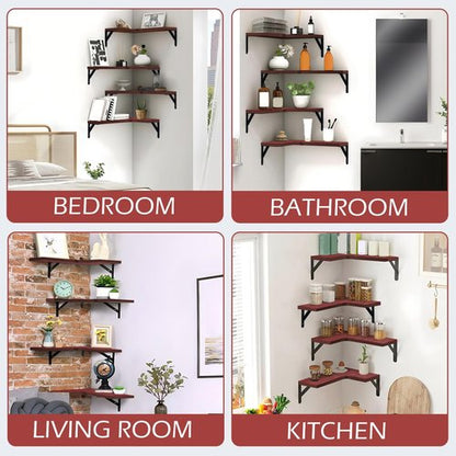 PUREZON Corner Floating Shelves Set of 4,Corner Wall Shelves,Rustic Wood Wall Mounted Shelf for Home Decor, Living Room, Bedroom, Kitchen, Bathroom,Office(Red,15.9 x 11.4 inch)
