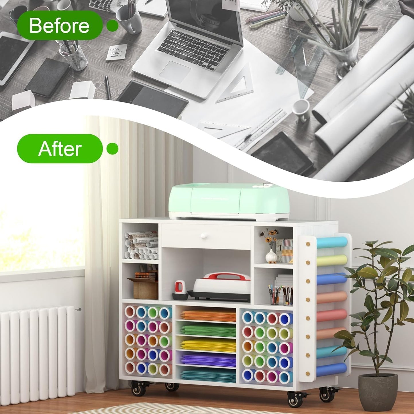 Skiennix Craft Organization Cart - Rolling Storage Solution with Large Drawer & 48 Vinyl Roll Holder | Ideal for Cricut Machines