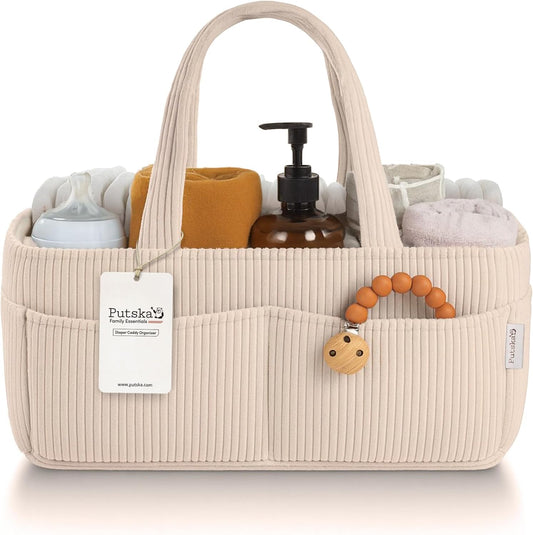 PUTSKA Baby Diaper Caddy Organizer - Stylish Nursery Storage Basket for Newborn Essentials | Corduroy Cream