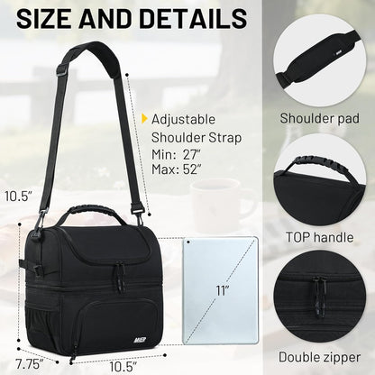 MIER Insulated Lunch Bag Tote - Dual Compartment Cooler with Shoulder Strap | Leakproof, Black