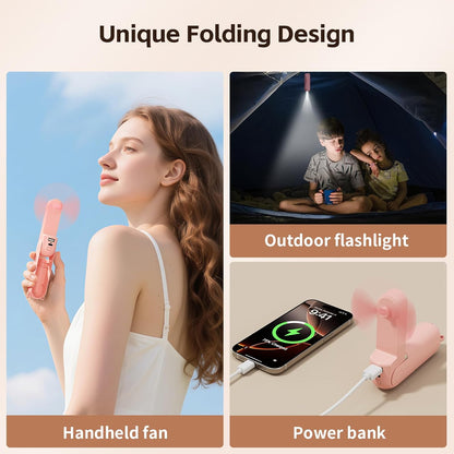 Skiennix Mini Handheld Fan - USB Rechargeable 3-in-1 Personal Cooler with Power Bank & LED Flashlight | Portable Pink Travel Essential