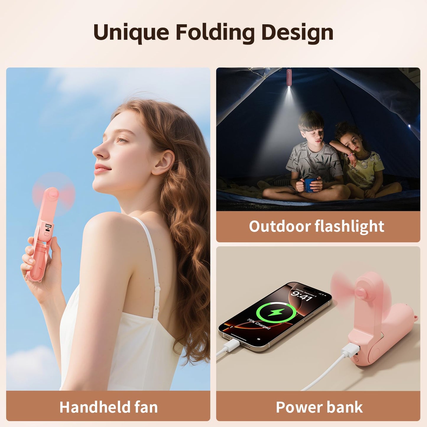 VigorLife Mini Handheld Fan,USB Rechargeable 3 IN 1 Personal Cooler Fans with Power Bank,LED Flashlight,Small Foldable Pocket Portable Cooling Fan-Travel & Emergency Essentials for Outdoor,Pink