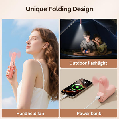 VigorLife Mini Handheld Fan,USB Rechargeable 3 IN 1 Personal Cooler Fans with Power Bank,LED Flashlight,Small Foldable Pocket Portable Cooling Fan-Travel & Emergency Essentials for Outdoor,Pink