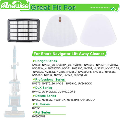Anewise HEPA Filter Replacement for Shark Navigator Lift-Away Vacuums | 1 HEPA + 2 Pre-Felt Filters