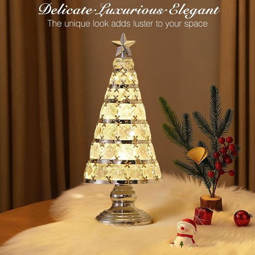 Lewondr Christmas Tree Lamp - 14 Inch Battery Powered Crystal Treetop Light | Handmade Glass Ornament in Silver