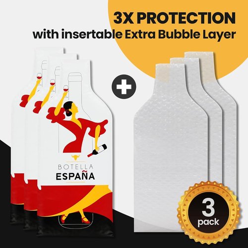 JIMMY THE FOX Reusable Wine Bags for Travel | 3-Pack | Durable Triple-Layer Bottle Protector Sleeve | Leak-Proof & Impact-Resistant | Airplane & Cruise Luggage | Wine Lover Gifts - Bottle Spain