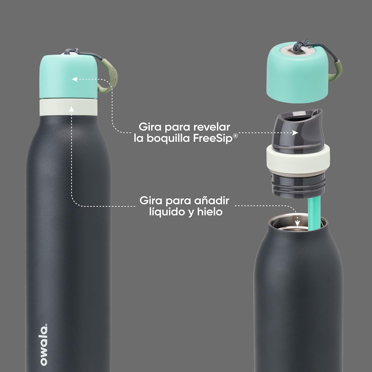 Owala FreeSip Insulated Stainless Steel Water Bottle - 24 oz, BPA-Free, Straw, Blue/Grey (Foggy Tide)