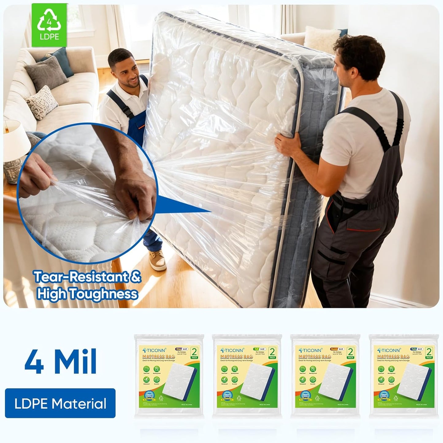 TICONN Waterproof Mattress Bag - Heavy-Duty Plastic Protector for Moving | 2-Pack, Queen Size